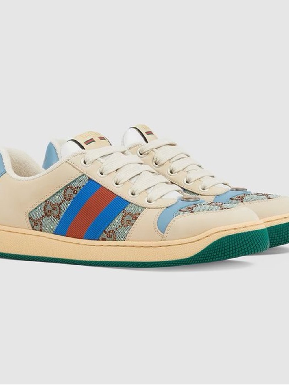 Gucci Cream Canvas & Leather Low-Top Sneakers with Blue and Red Stripes
